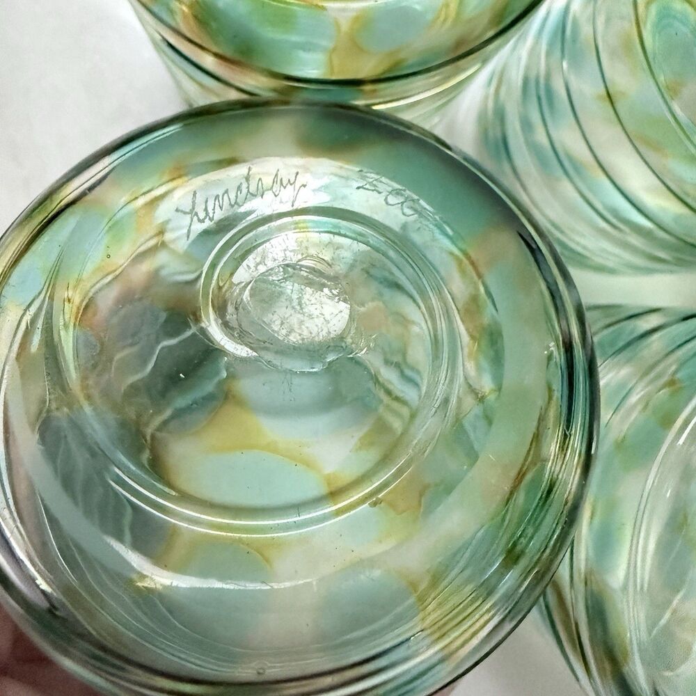 Set (4) VTG Signed David Lindsay 2002 Art Glass Tumblers Seafoam & Gold Torcello - Picture 9 of 12